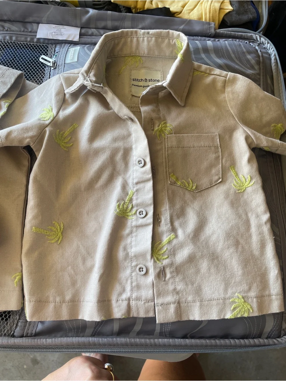 Stitch & stone Beige Matching Shirt and Shorts Set with neon yellow/green palm